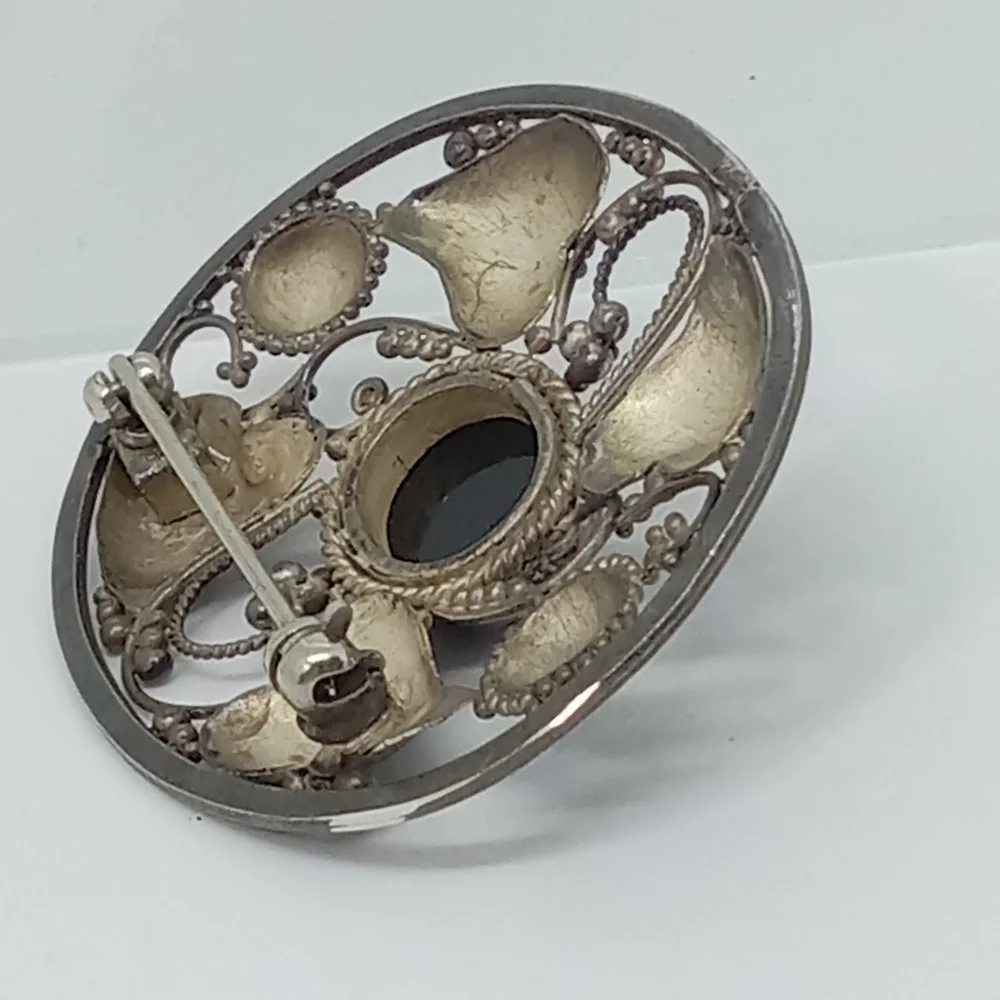 * vintage antique 925 sterling silver hearts with black stone pin brooch